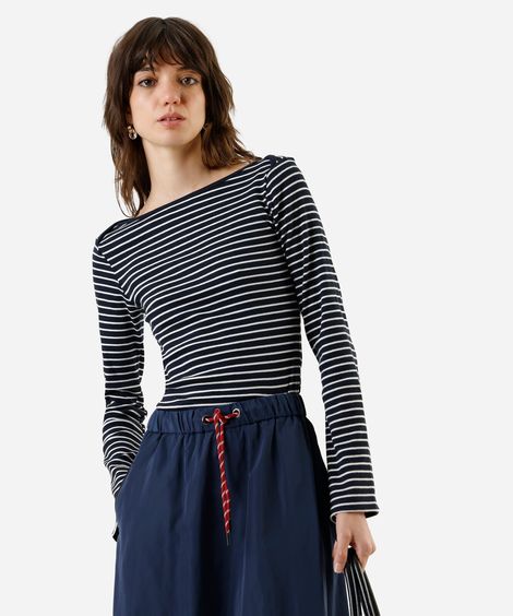 blusa feminina com algodão manga longa listrada azul