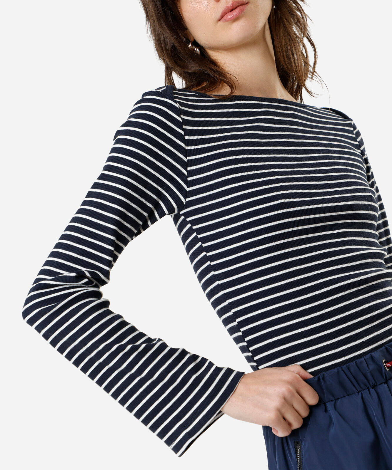 blusa feminina com algodão manga longa listrada azul