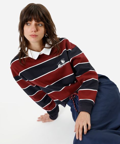 blusão feminino de moletom com esporte listrado mickey - azul marinho