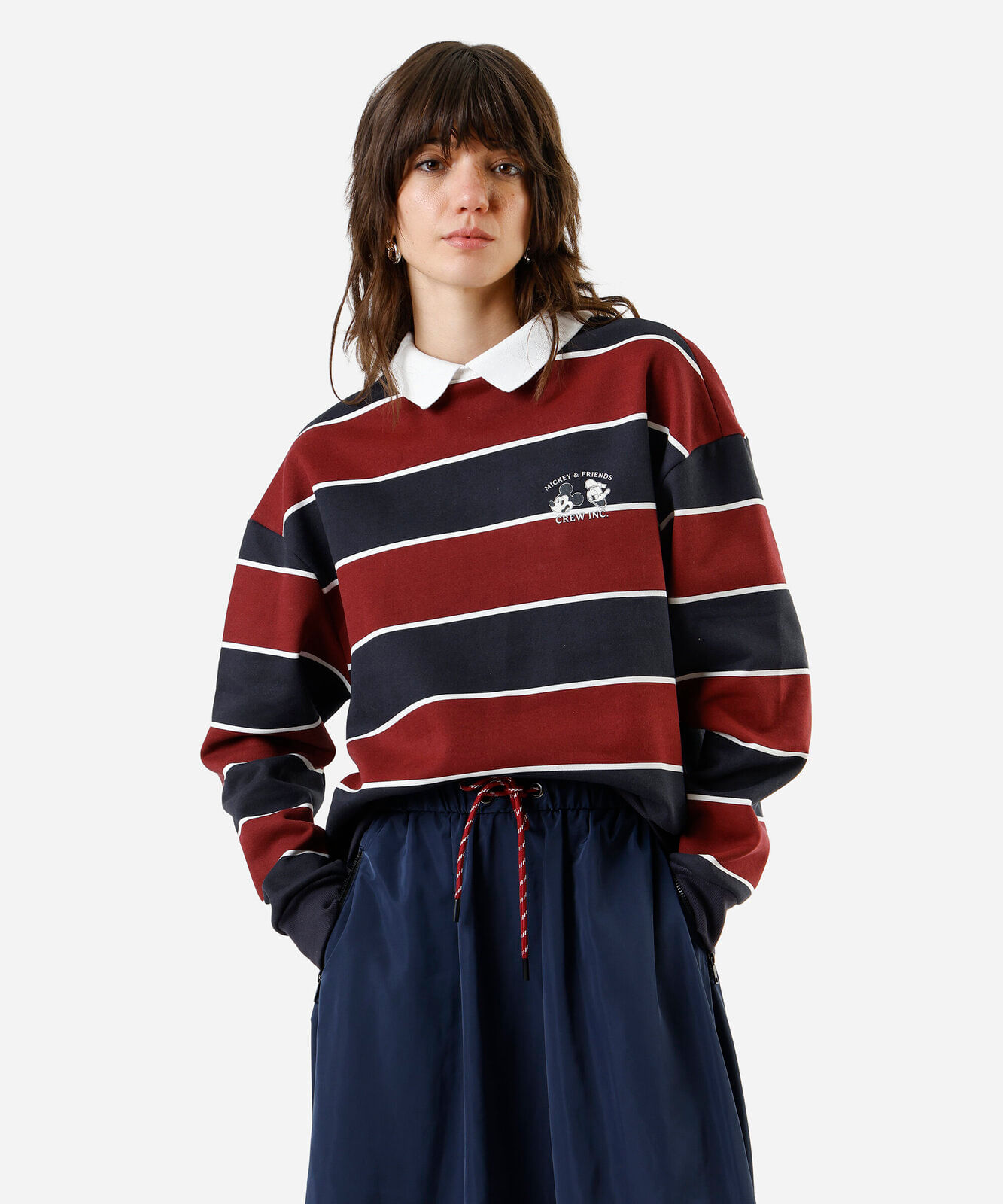 blusão feminino de moletom com esporte listrado mickey - azul marinho