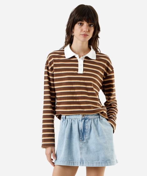 polo feminina manga longa listrada marrom