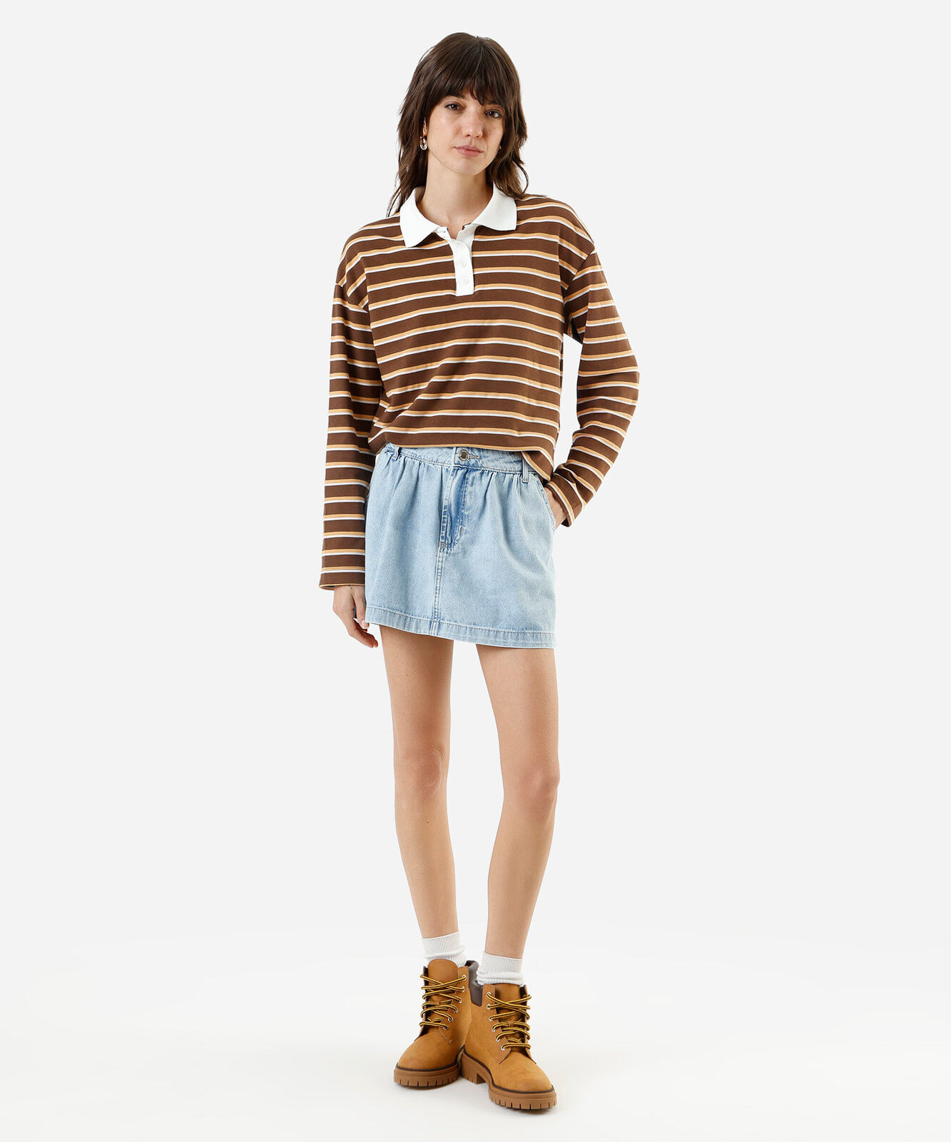 polo feminina manga longa listrada marrom