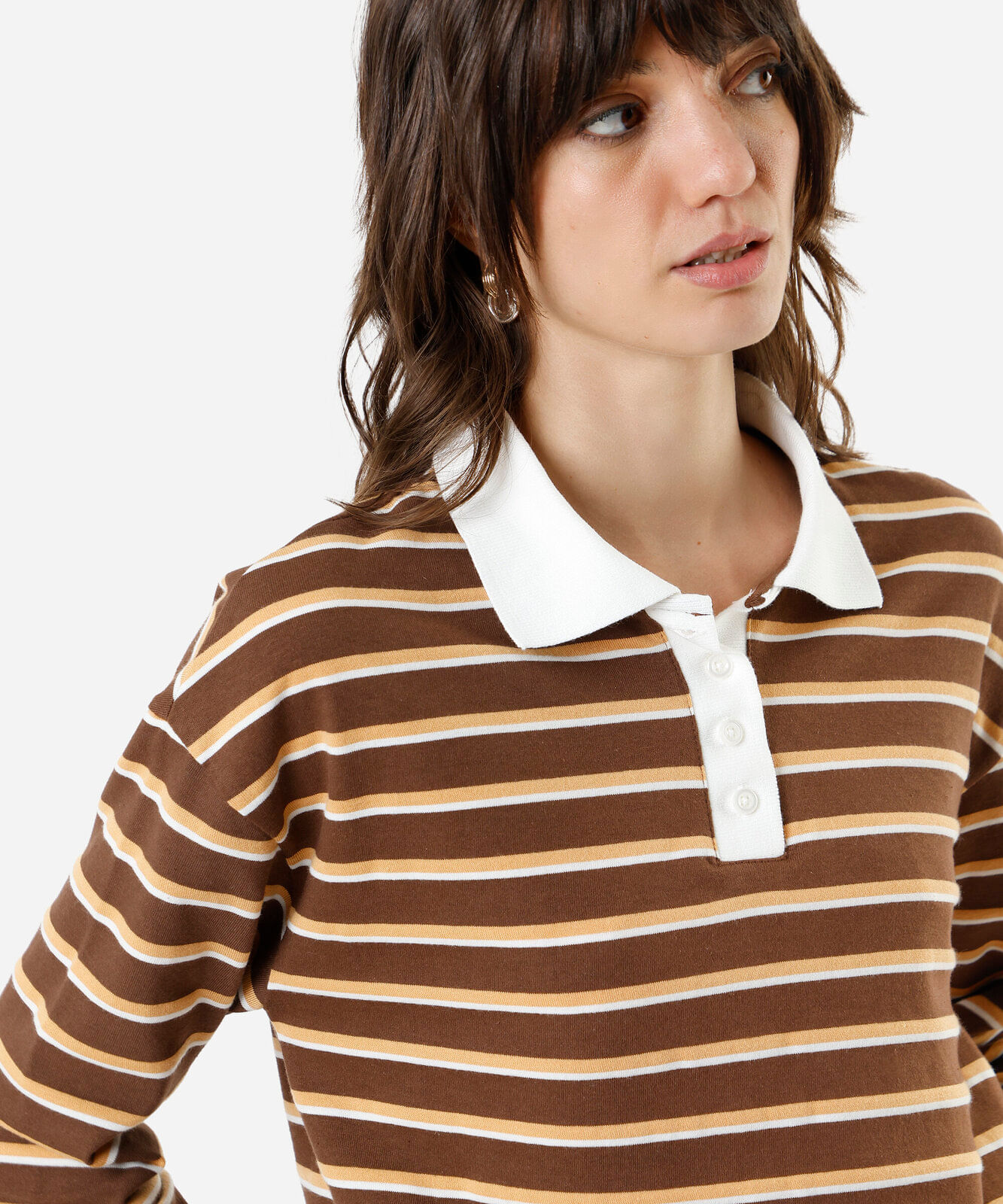 polo feminina manga longa listrada marrom
