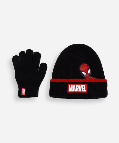 kit infantil de gorro e luvas de tricot homem aranha preto