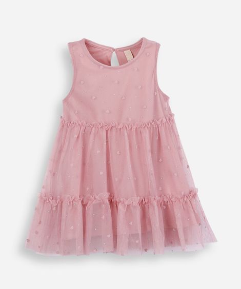vestido midi infantil de tule coração rosa
