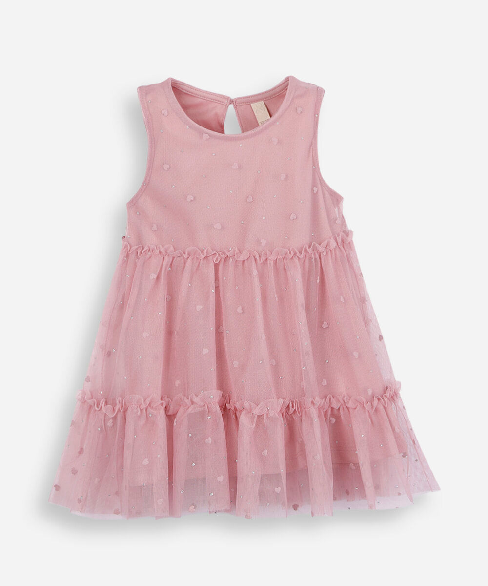 vestido midi infantil de tule coração rosa