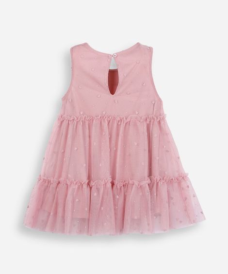 vestido midi infantil de tule coração rosa