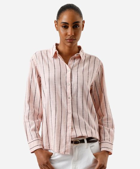 camisa feminina de algodão listrada rosa