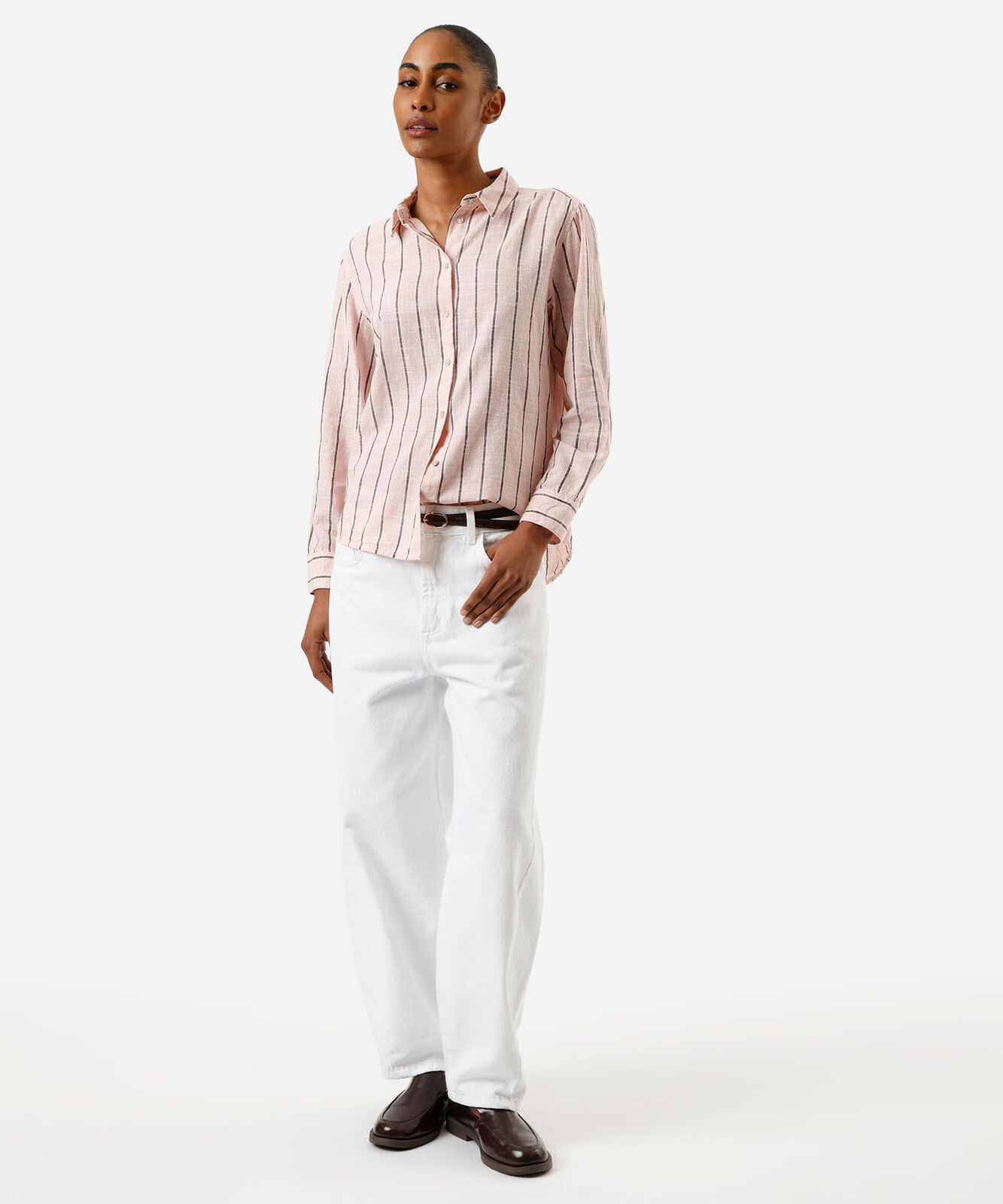 camisa feminina de algodão listrada rosa