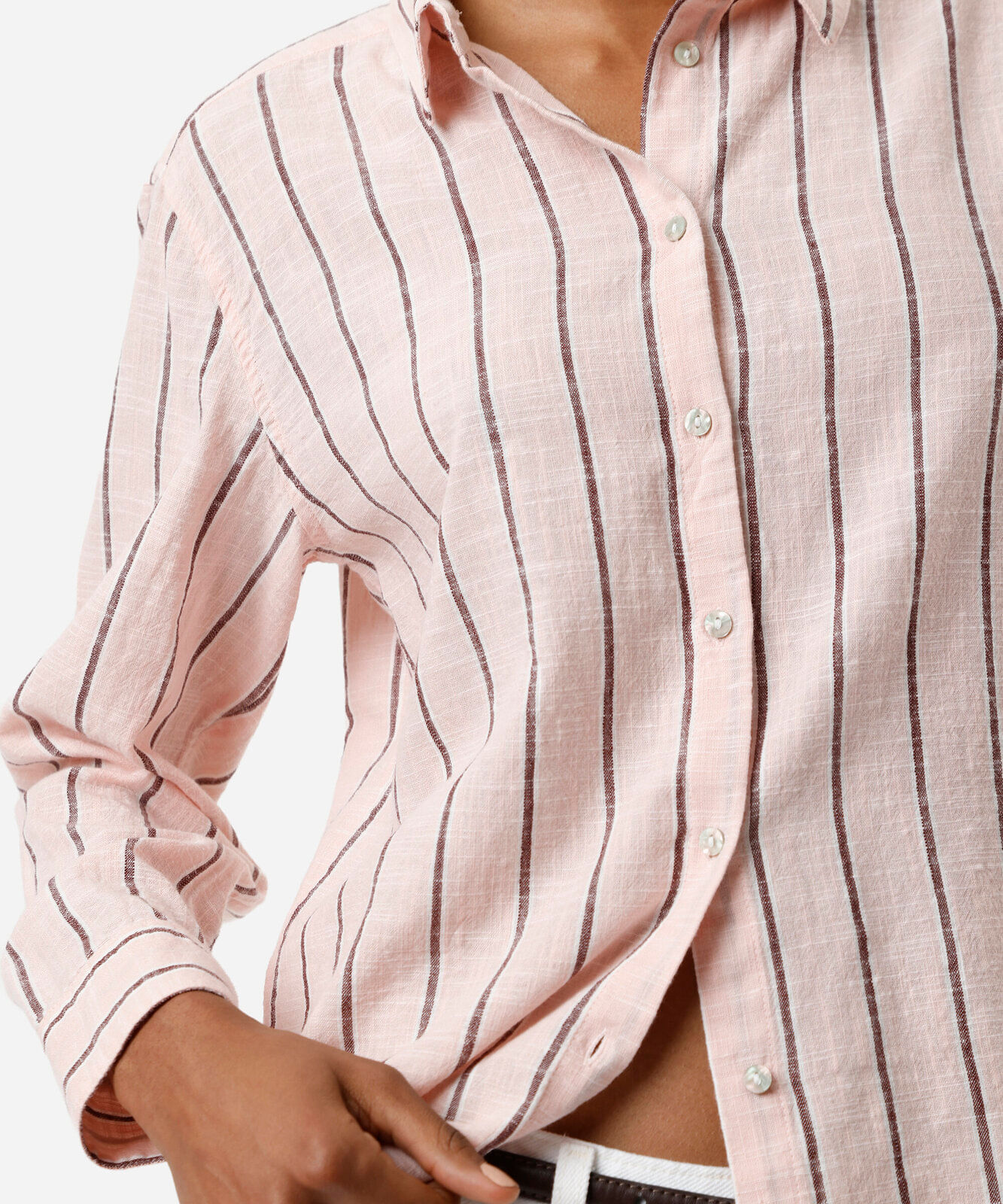 camisa feminina de algodão listrada rosa