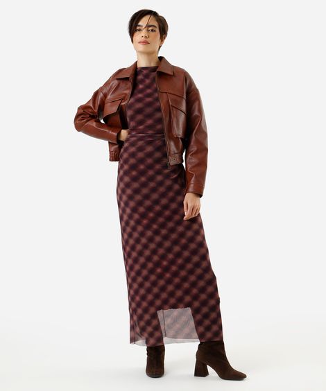 vestido midi feminino de tule franzido xadrez roxo