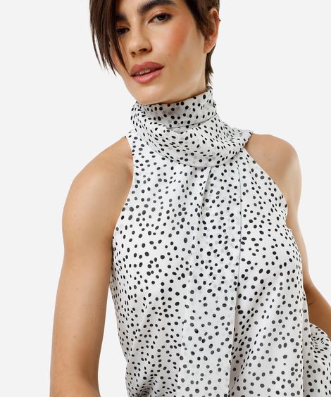 blusa feminina halterneck com amarração poá off white