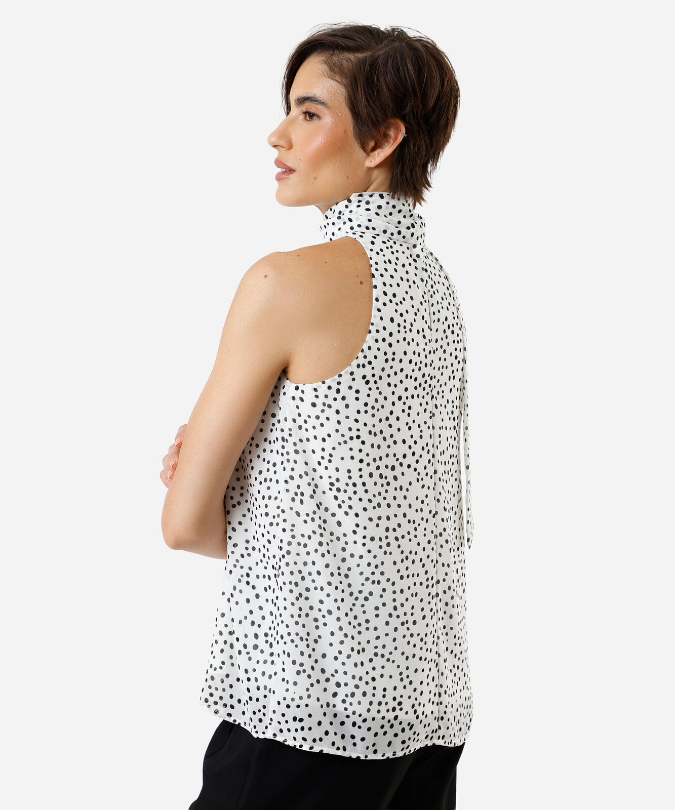blusa feminina halterneck com amarração poá off white