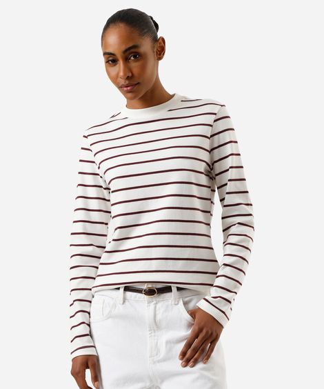 blusa feminina de algodão peruano manga longa listrada off white