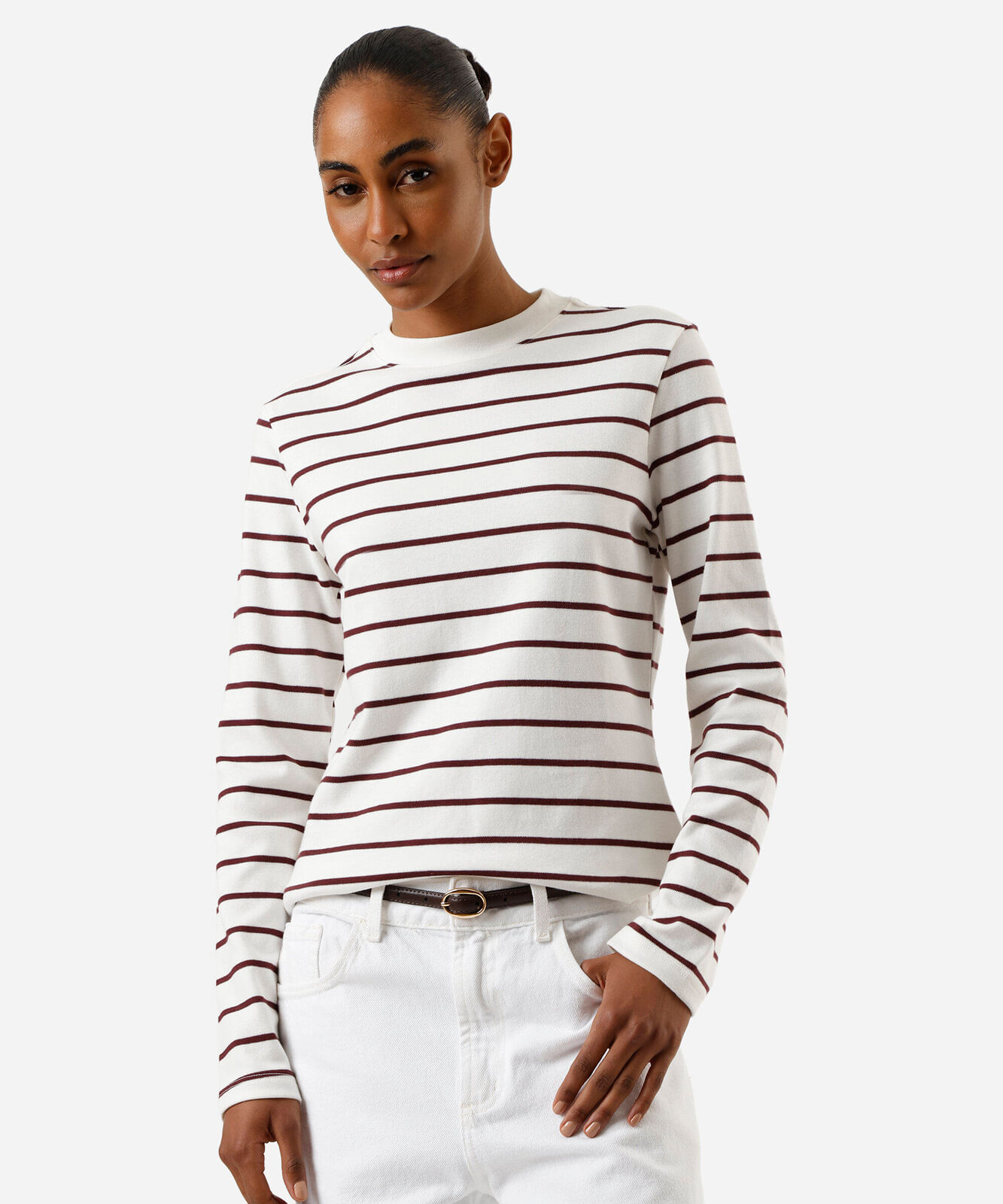 blusa feminina de algodão peruano manga longa listrada off white
