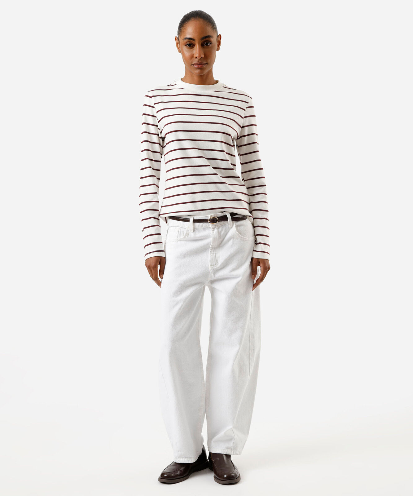 blusa feminina de algodão peruano manga longa listrada off white