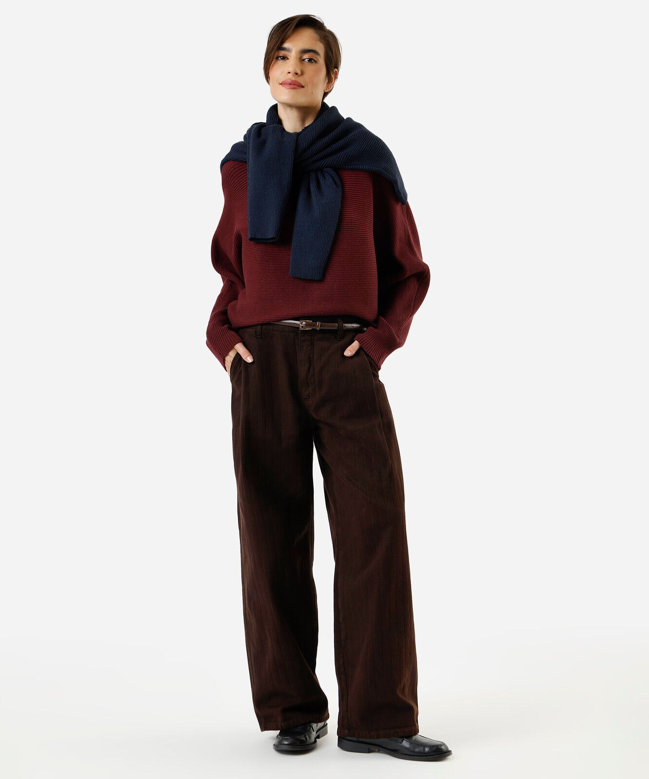 suéter amplo feminino de tricot canelado vinho