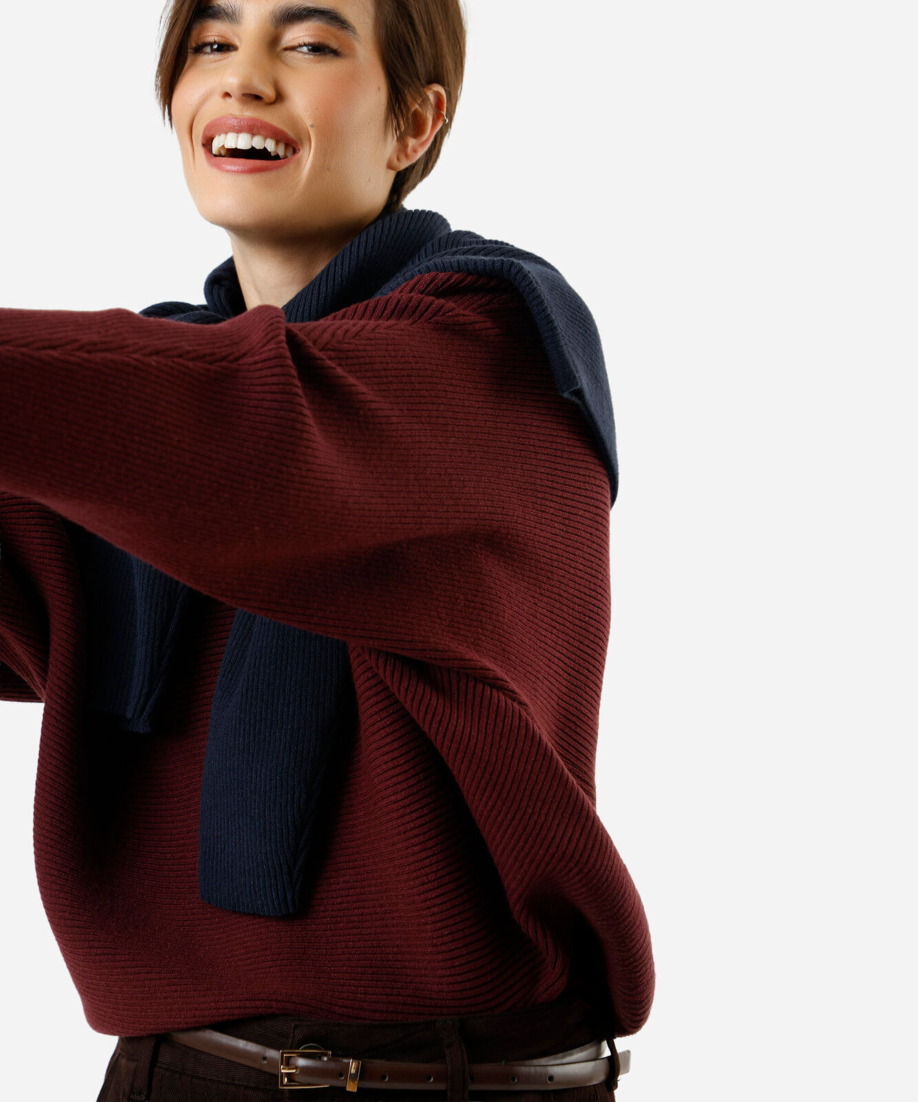 suéter amplo feminino de tricot canelado vinho