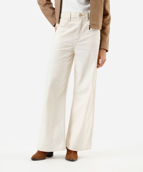 calça de sarja wide leg cropped cintura super alta bege