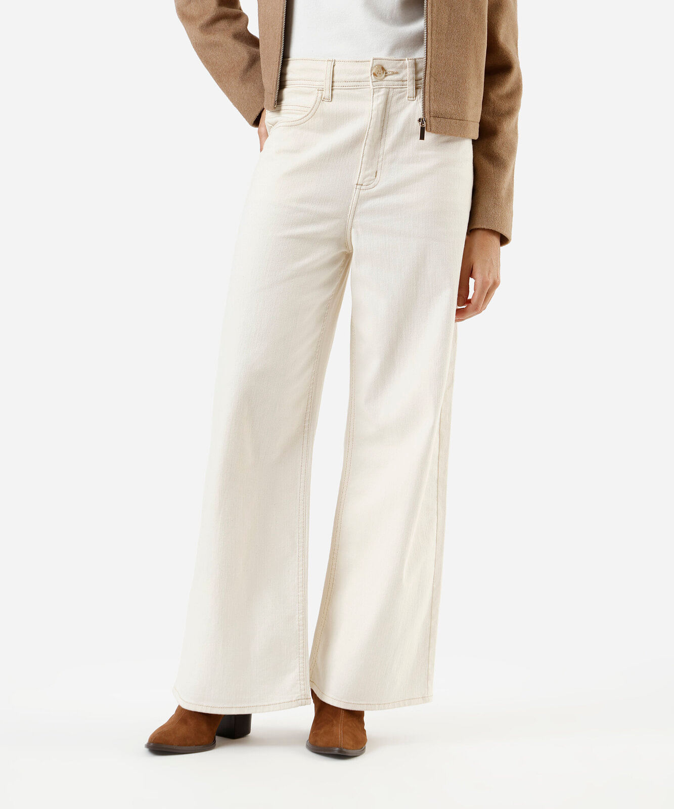 calça de sarja wide leg cropped cintura super alta bege