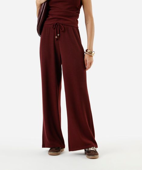 calça reta feminina texturizada cintura alta com elástico vinho