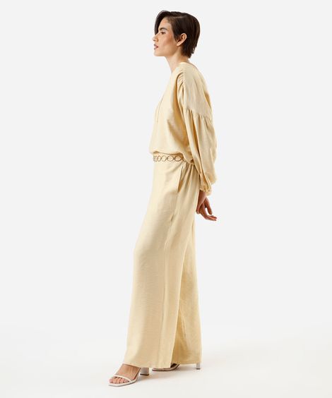 calça reta feminina com viscose cós elástico amarela