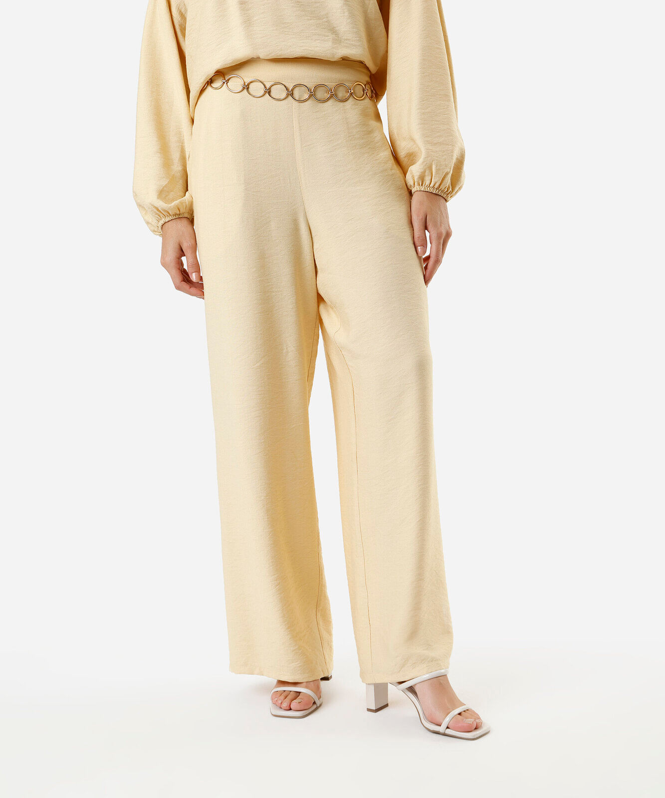 calça reta feminina com viscose cós elástico amarela