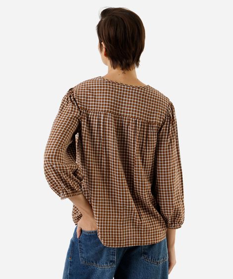 blusa feminina de viscose com renda xadrez marrom