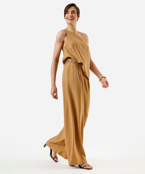 calça wide leg feminina de viscose texturizada bege