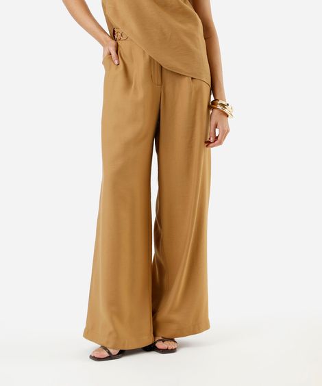 calça wide leg feminina de viscose texturizada bege