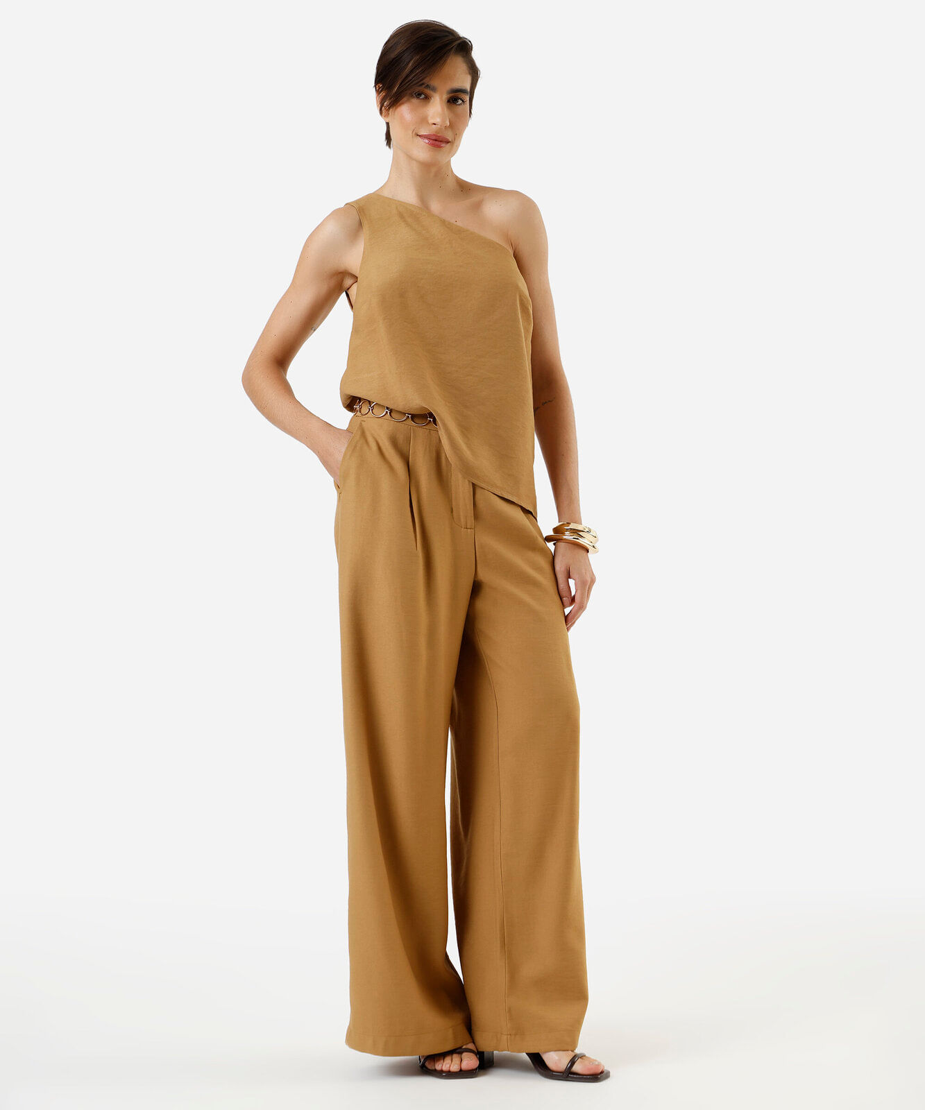 calça wide leg feminina de viscose texturizada bege