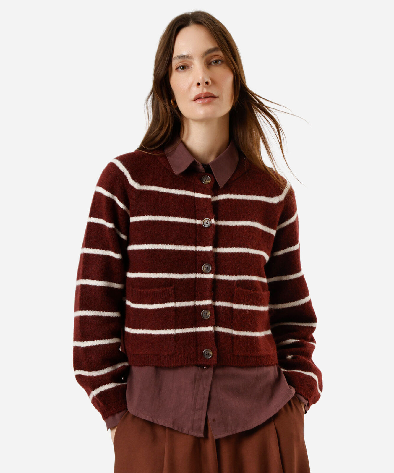 cardigan feminino de tricot com bolsos listrado vinho