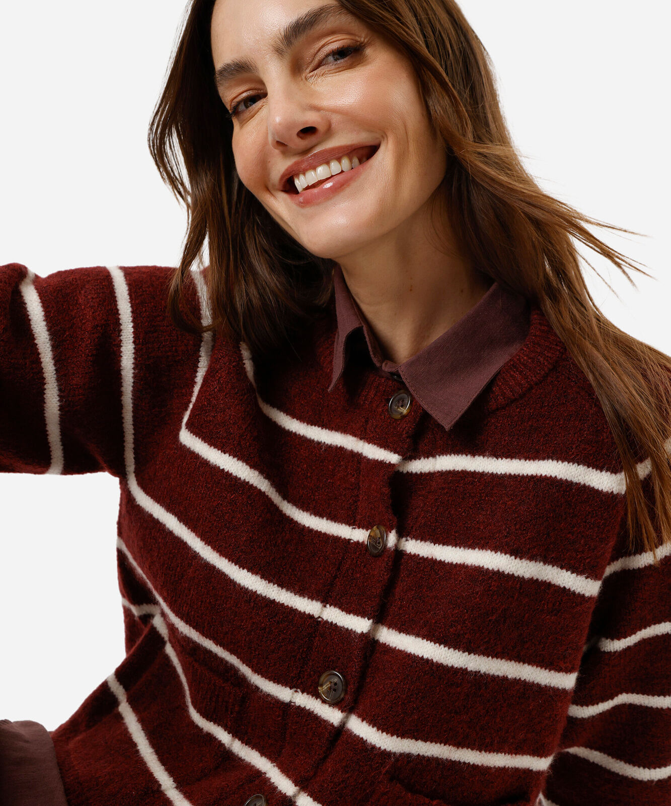 cardigan feminino de tricot com bolsos listrado vinho