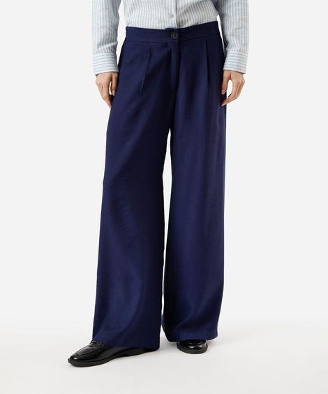 calça wide leg feminina de viscose texturizada azul