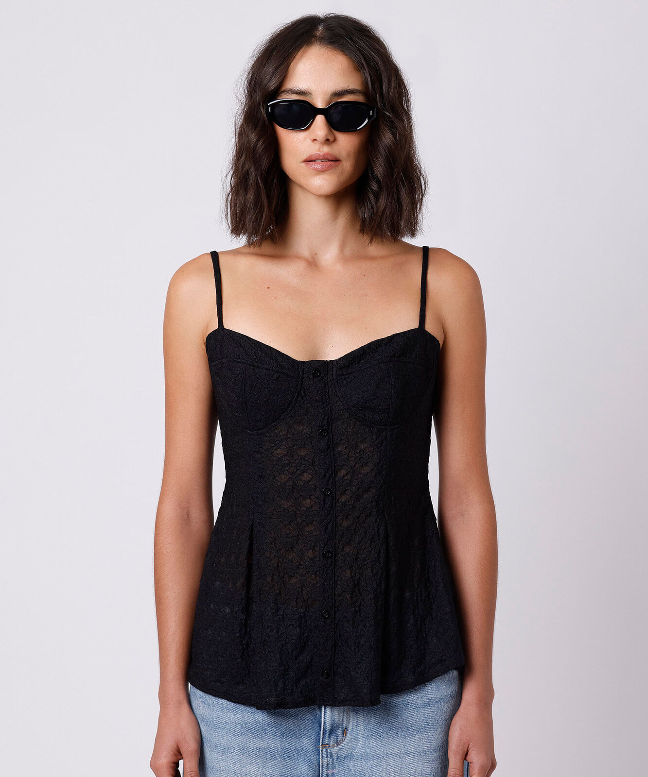 blusa peplum feminina de renda alça fina mindset preta