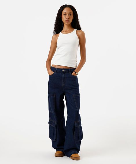 calça skater cargo feminina jeans  cintura média azul