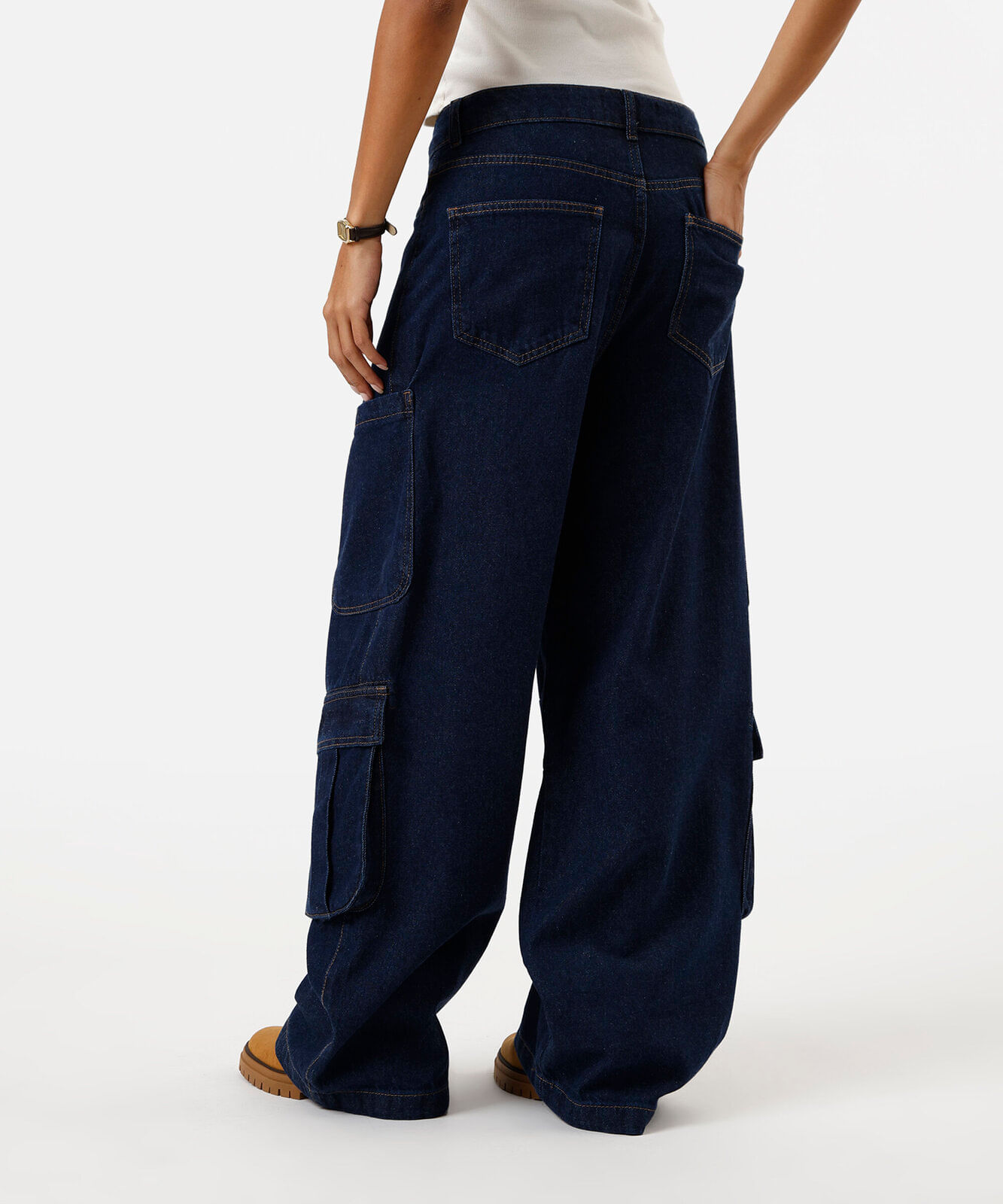 calça skater cargo feminina jeans  cintura média azul