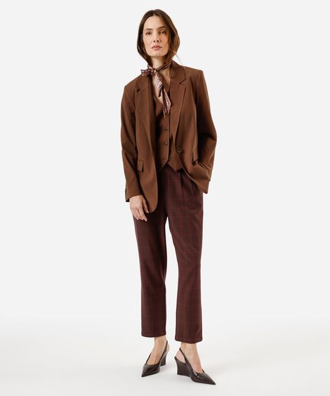 calça de alfaiataria feminina cós elástico com pregas xadrez vinho