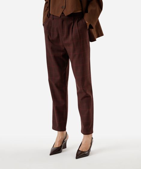 calça de alfaiataria feminina cós elástico com pregas xadrez vinho