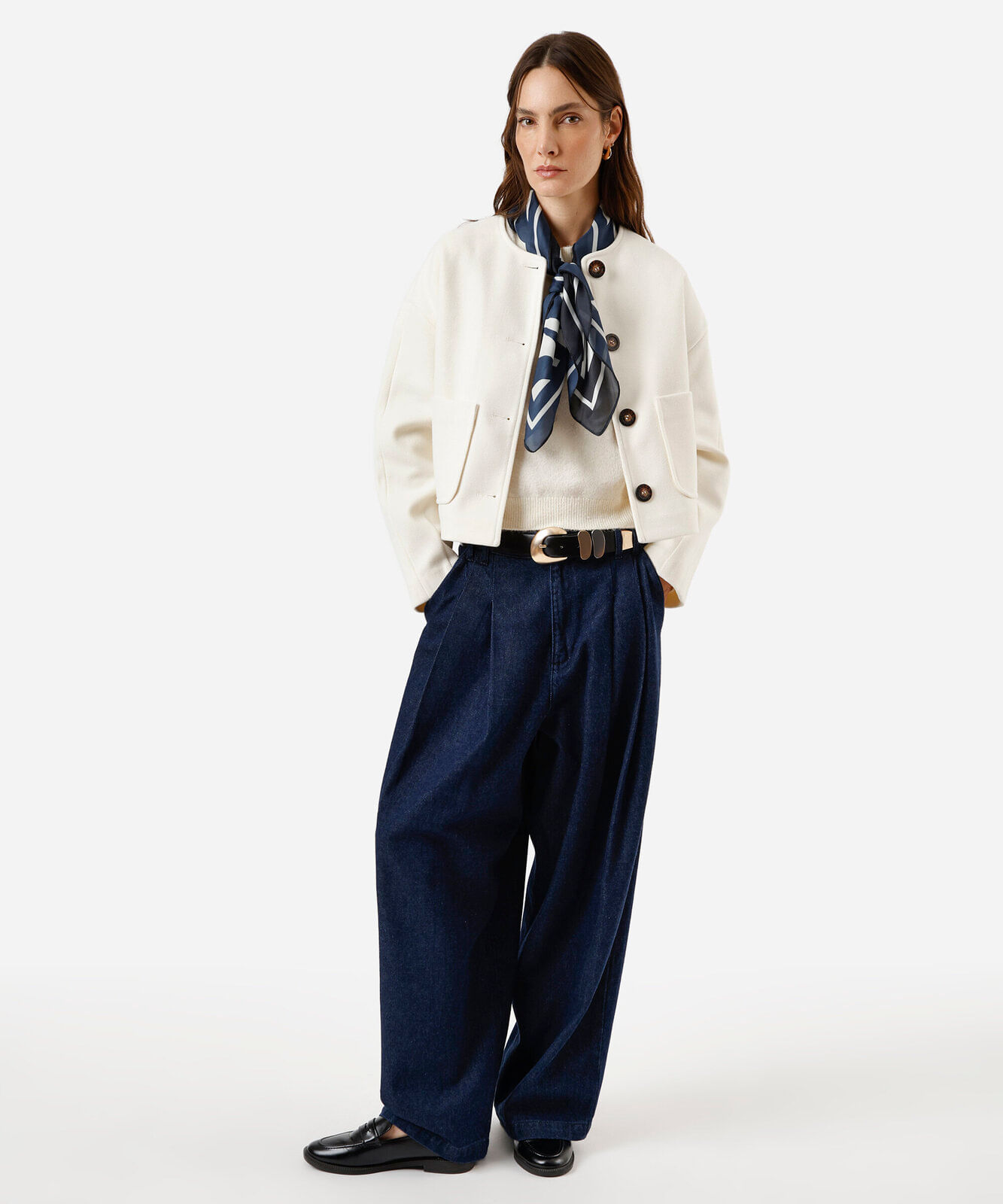calça jeans balloon cintura alta pregas azul