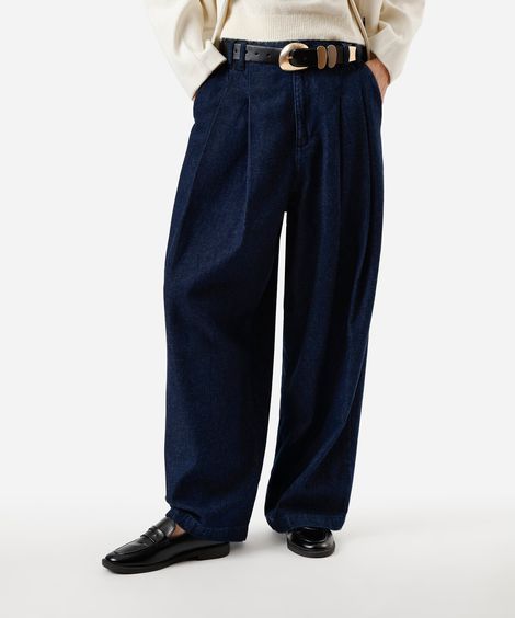 calça jeans balloon cintura alta pregas azul