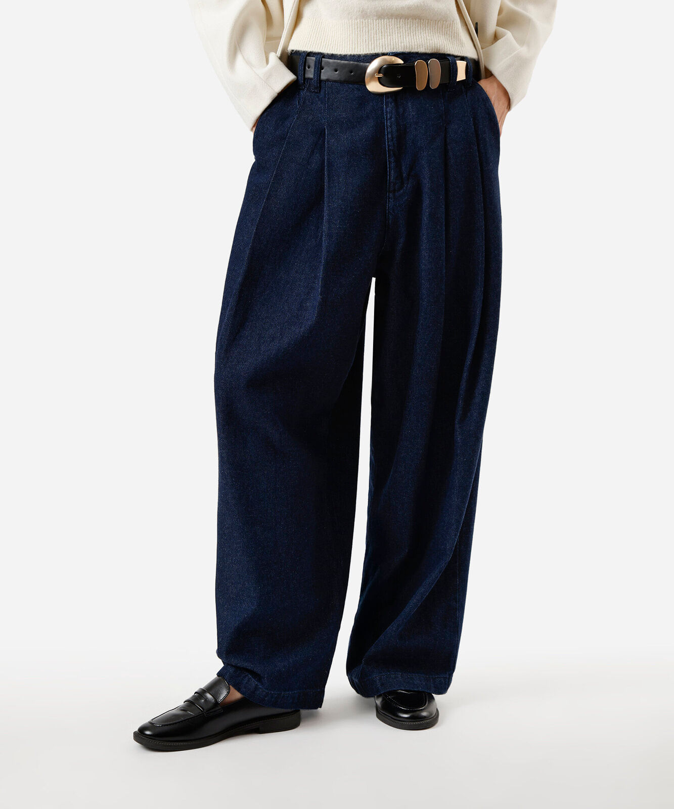 calça jeans balloon cintura alta pregas azul