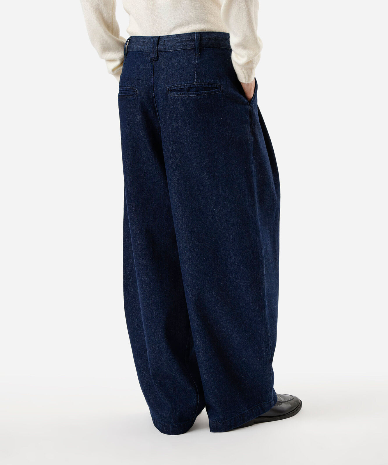 calça jeans balloon cintura alta pregas azul
