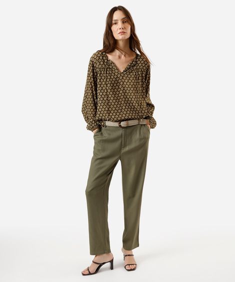 calça reta feminina com linho e cinto verde