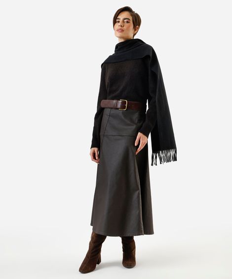 saia midi feminina de sarja resinada marrom