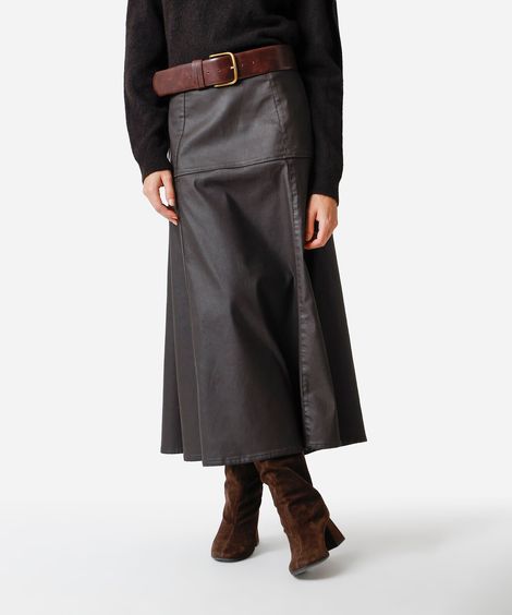 saia midi feminina de sarja resinada marrom