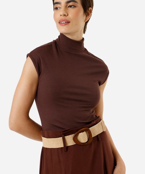 blusa muscle tee feminina gola alta canelada básica marrom