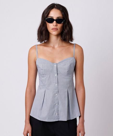 blusa peplum feminina de algodão alça fina xadrez mindset azul