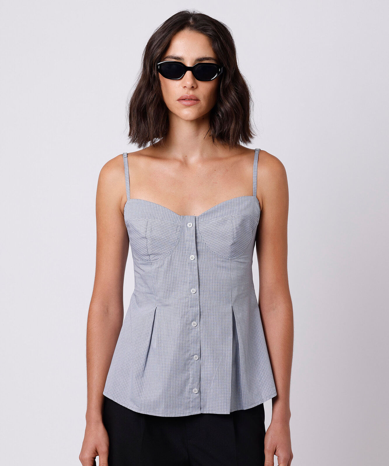 blusa peplum feminina de algodão alça fina xadrez mindset azul