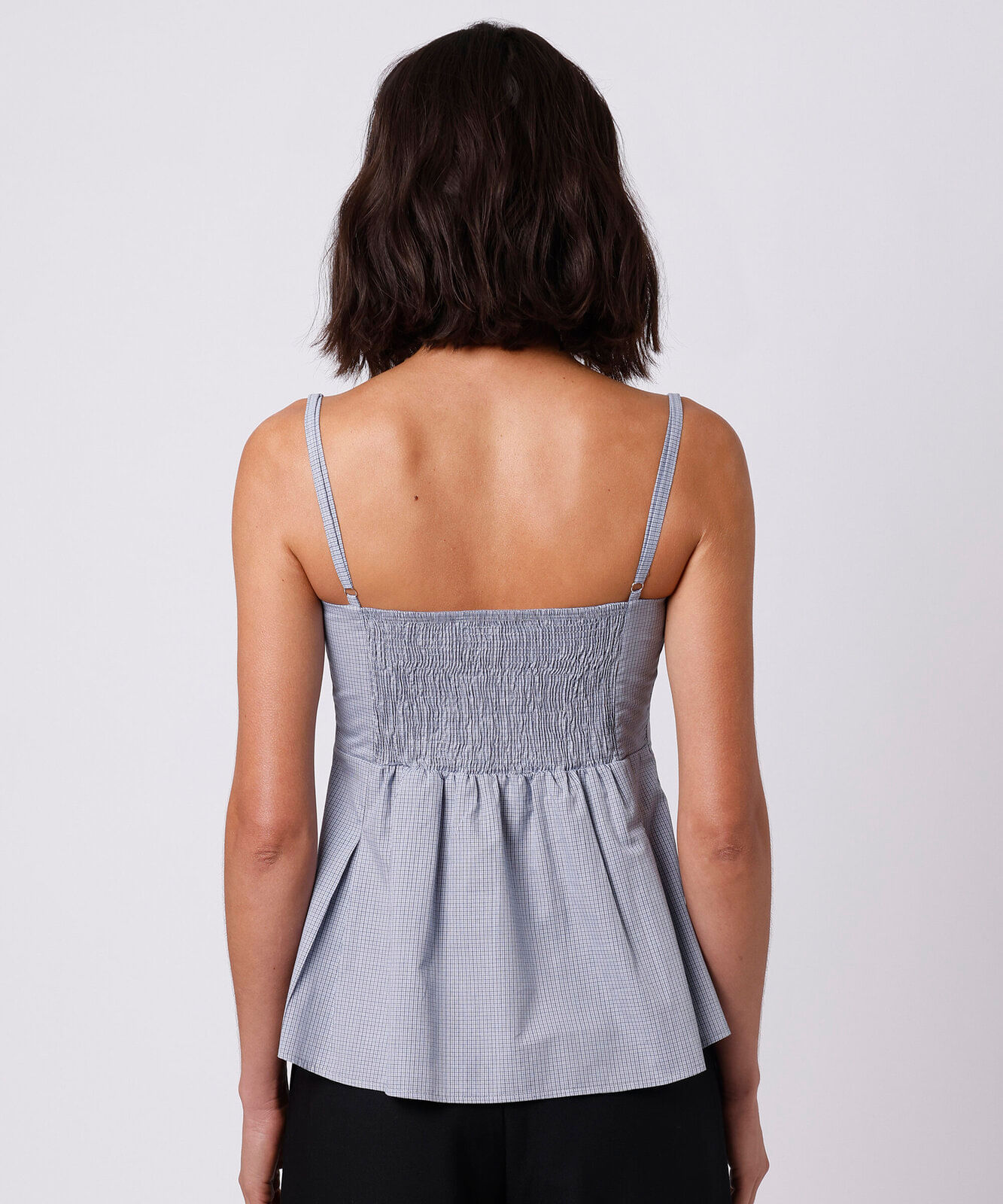 blusa peplum feminina de algodão alça fina xadrez mindset azul